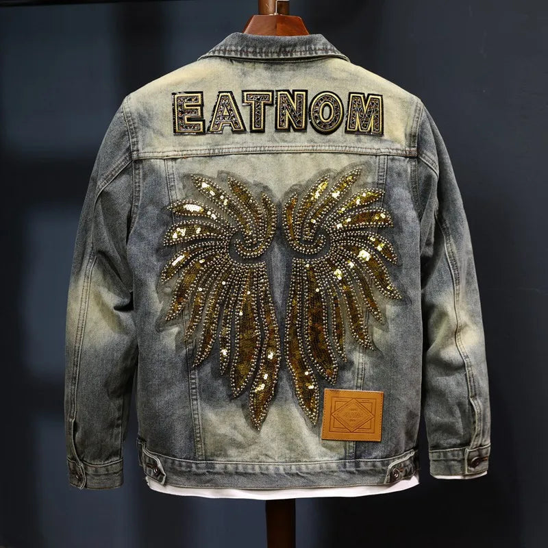 Nostalgic Denim Jacket Men's Retro Classic Wings Sequin Design Trendy Casual Menswear Motorcycle Jacket