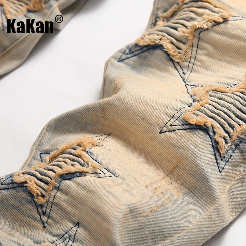 Kakan - New European and American Embroidered and Embroidered Long Jeans for Men's Wear, Retro Cuffed Fashion Stretch Jeans