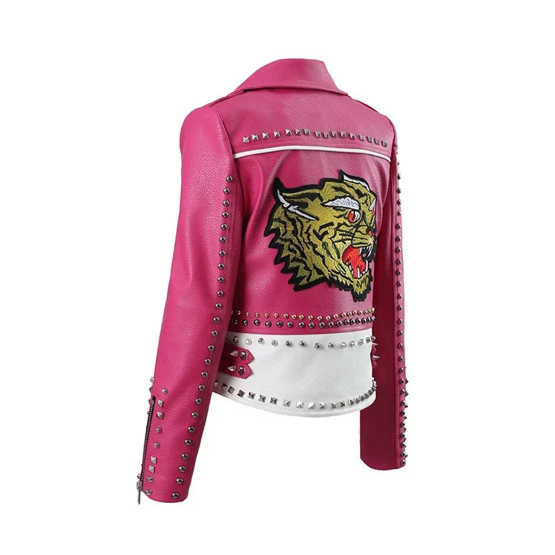 Punk Studded Motorcycle Leather Jacket Women 2026 Trend Streetwear Contrast Color Stitched Faux Leather Embroidered Jackets