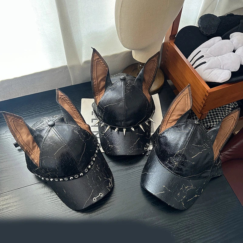 New Niche Leather Rivet Dog Ears Baseball Men and Women Personality Adjustable Trendy hat
