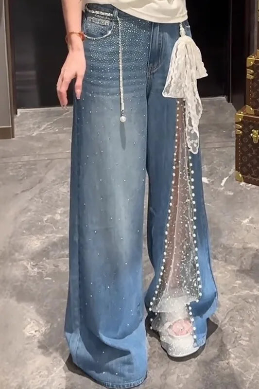 Autumn Winter Women's Denim Pants Mesh Patchwork Y2K Streetwear Baggy Jeans Grunge Japanese Harajuku Cowboy Tide Designer