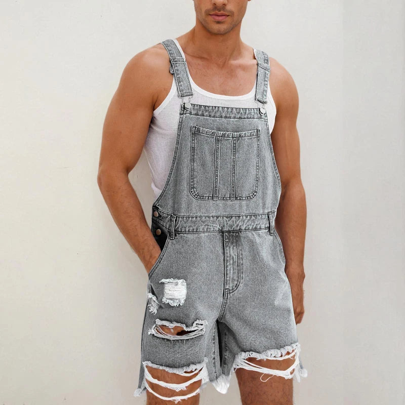 Men Jumpsuit Denim Shorts Summer Vintage Streetwear