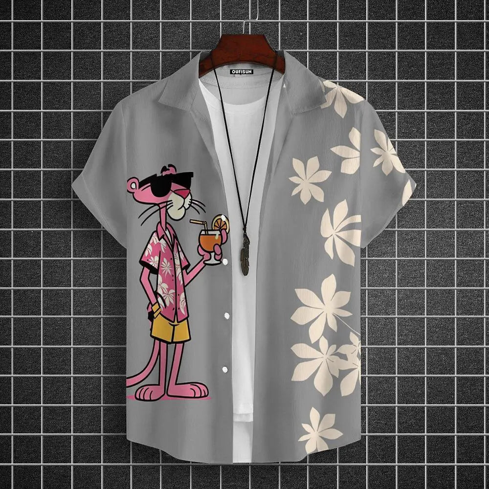 Men's  Cartoon leopard Graphic Print Short Sleeve Lapel Shirt Tops Men's Casual Button-Down Shirts For Summer Daily Wear Resort