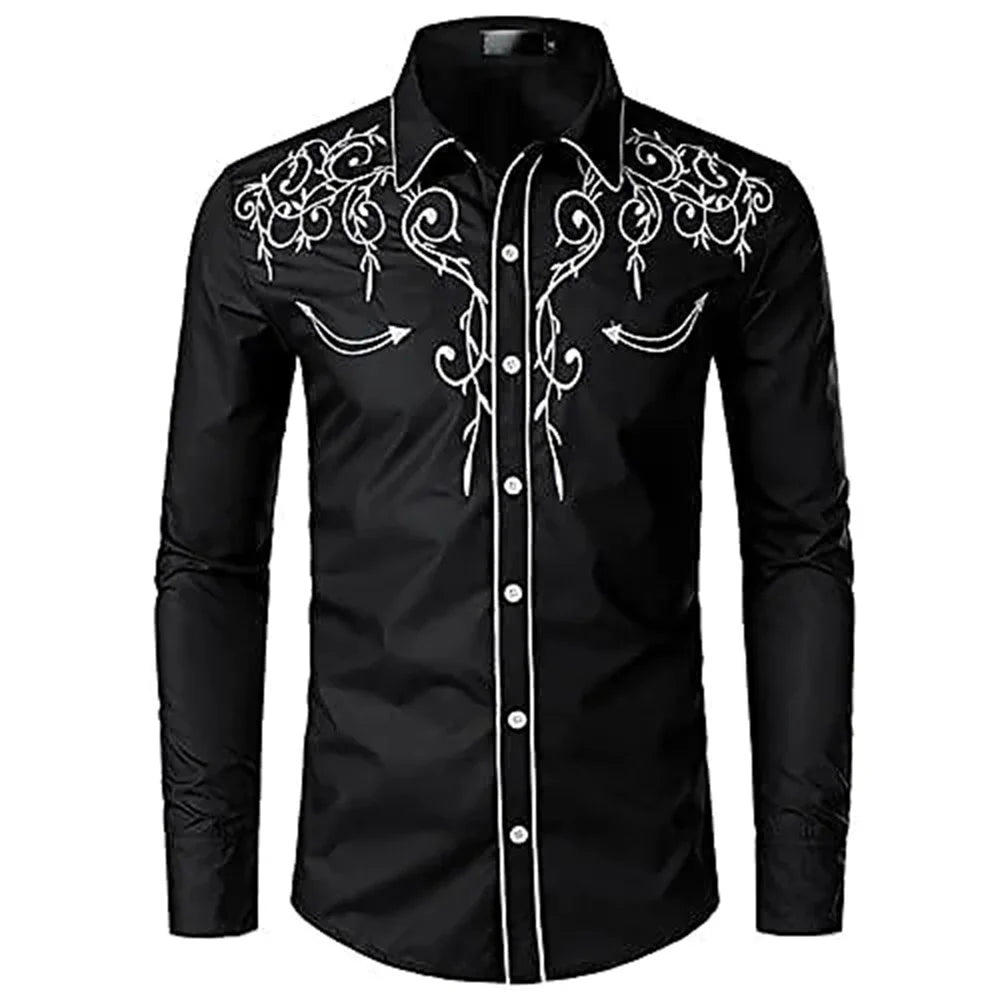 Men's western printed long -sleeved lapel single -breasted shirt casual social men's club street clothing