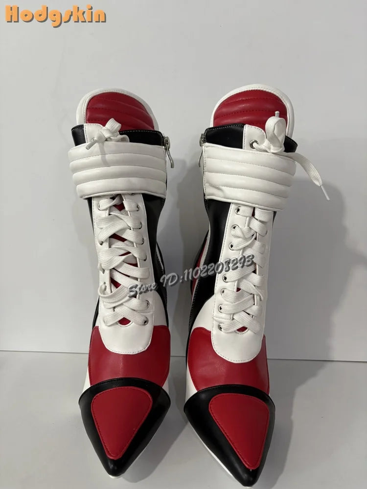 Patchwork Sports Ankle Boots Pointed Cross-tied High Heels Short Boots 2025 Autumn New Women Fashion Stiletto Motorcycle Shoes
