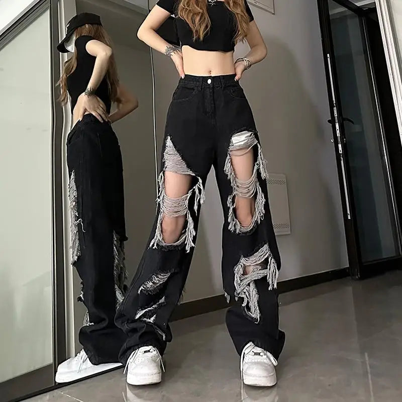 New Front-Rear  Broken Hole Jeans All-Match Distressed Women High Street Hip Hop High Waist Straight Loose Trousers