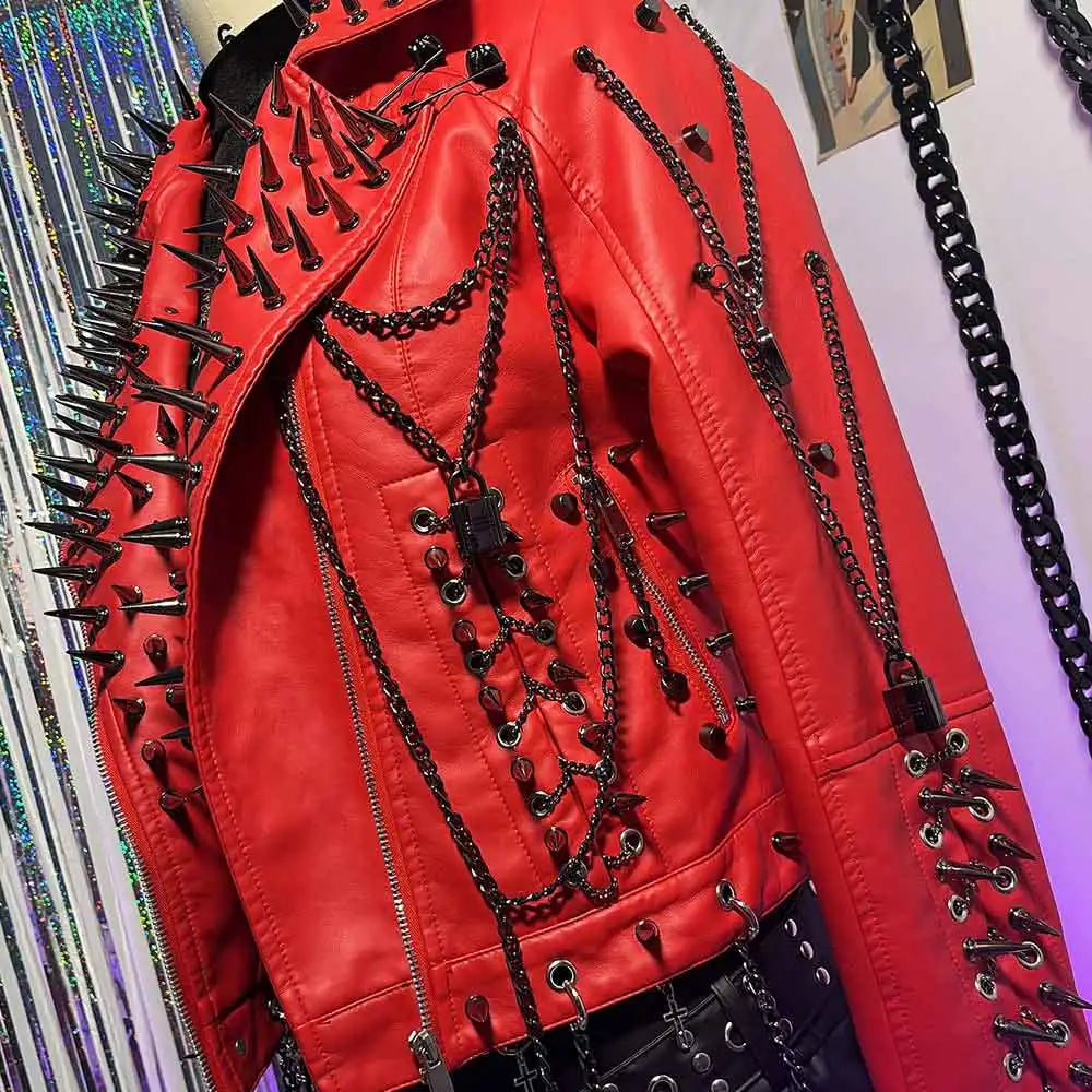 Punk Rock E-Girls Club Wear Harajuku Coat Goth Y2K Pu leather Jacket Zipper Spike Studded Rivet Grunge Chain Emo
