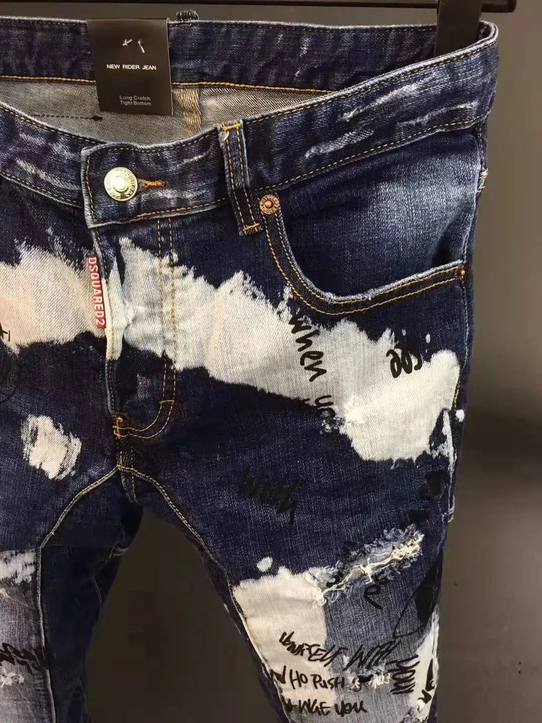 Spring Summer D2 Trendy Men's Distred Patch 3D Cutting fiti Print Slim Elastic Ankle Jeans Casual Busin Casual