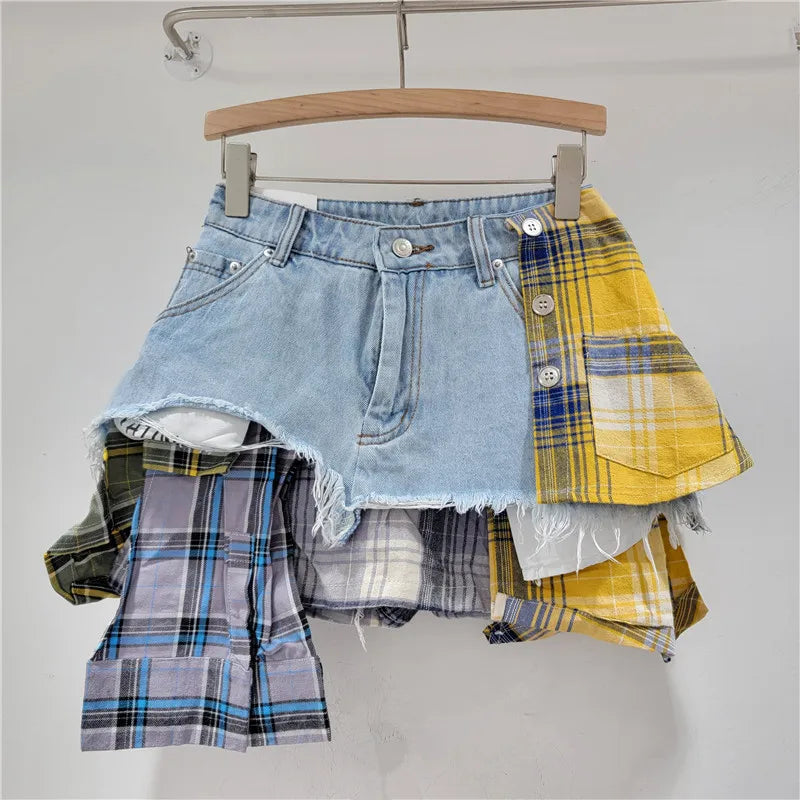 YEAE plaid patchwork irregular denim shorts women's fashion high-waisted A-word denim shorts skirt
