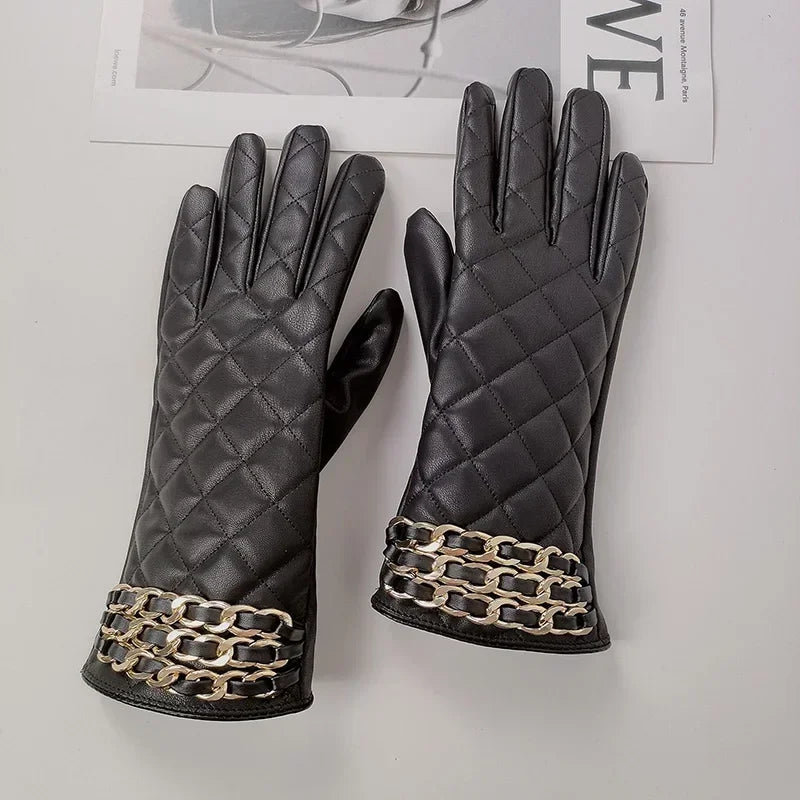 Women Black Chain Thickened Plush PU Leather Gloves