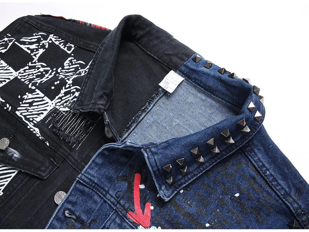 Denim Jacket Holes Ripped Plaid Patches Patchwork Jean Coat Painted Blue Black Spliced Outerwear