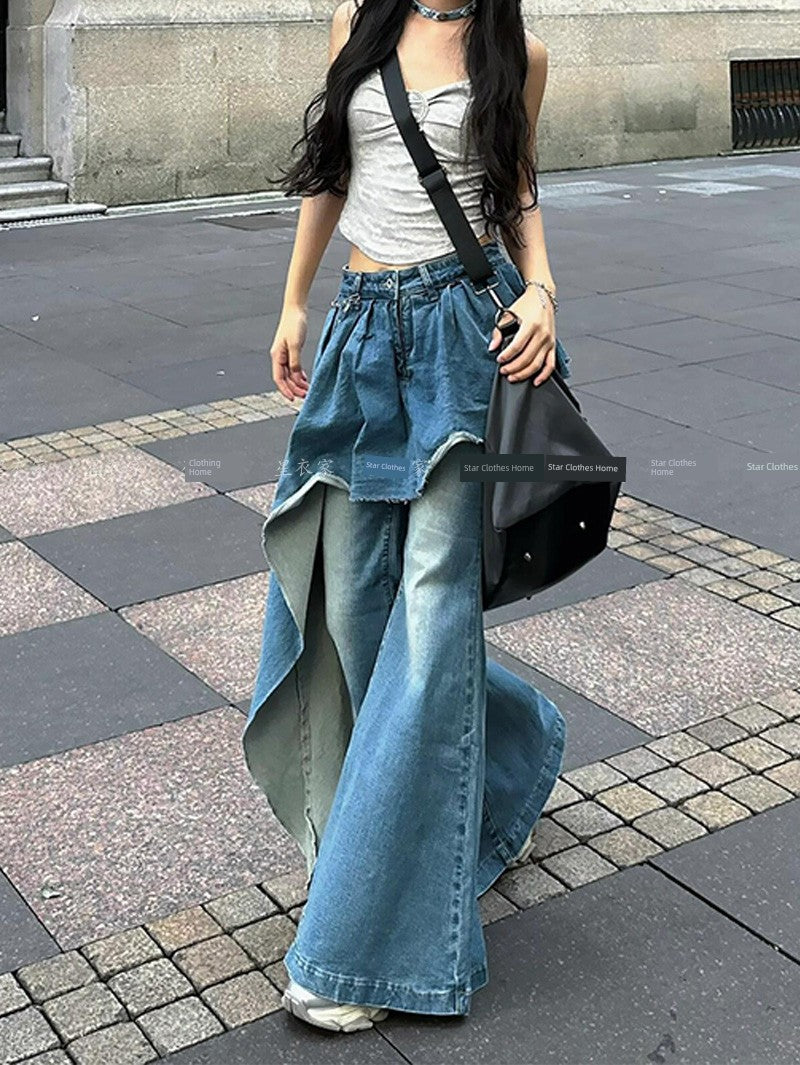 2026 European and American Retro Wide-Leg Scimitar Jeans for Women / Floor-Length Pants