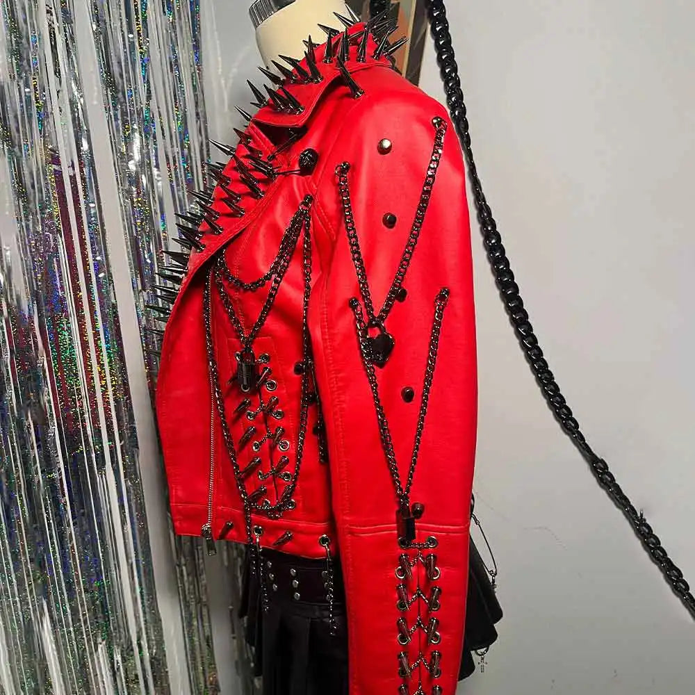 Punk Rock E-Girls Club Wear Harajuku Coat Goth Y2K Pu leather Jacket Zipper Spike Studded Rivet Grunge Chain Emo
