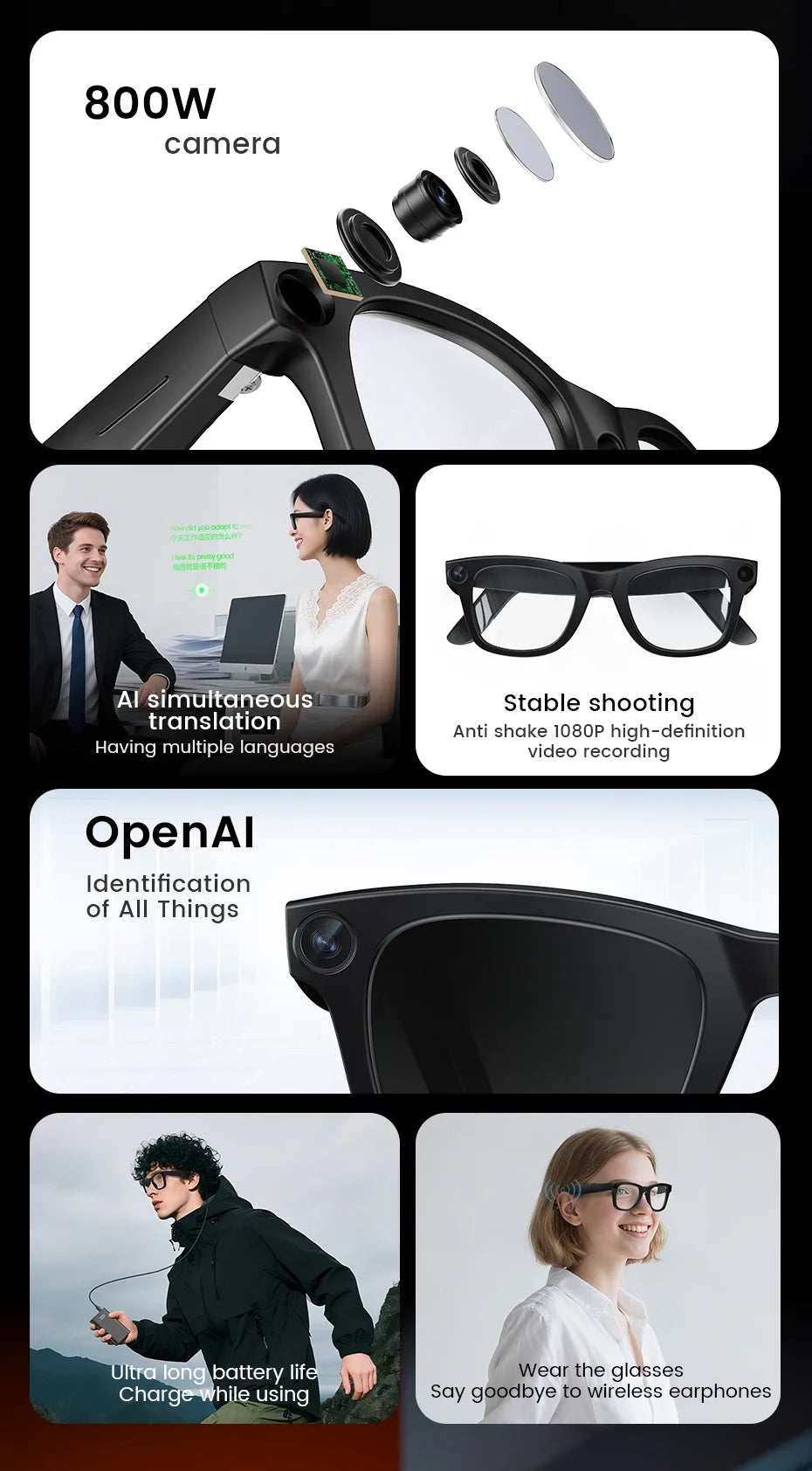 New AI SmartGlasses 800W HD Camera AI Translation Shooting Everything Recognition 4GB Storage 300mah SmartGlasses Men Women