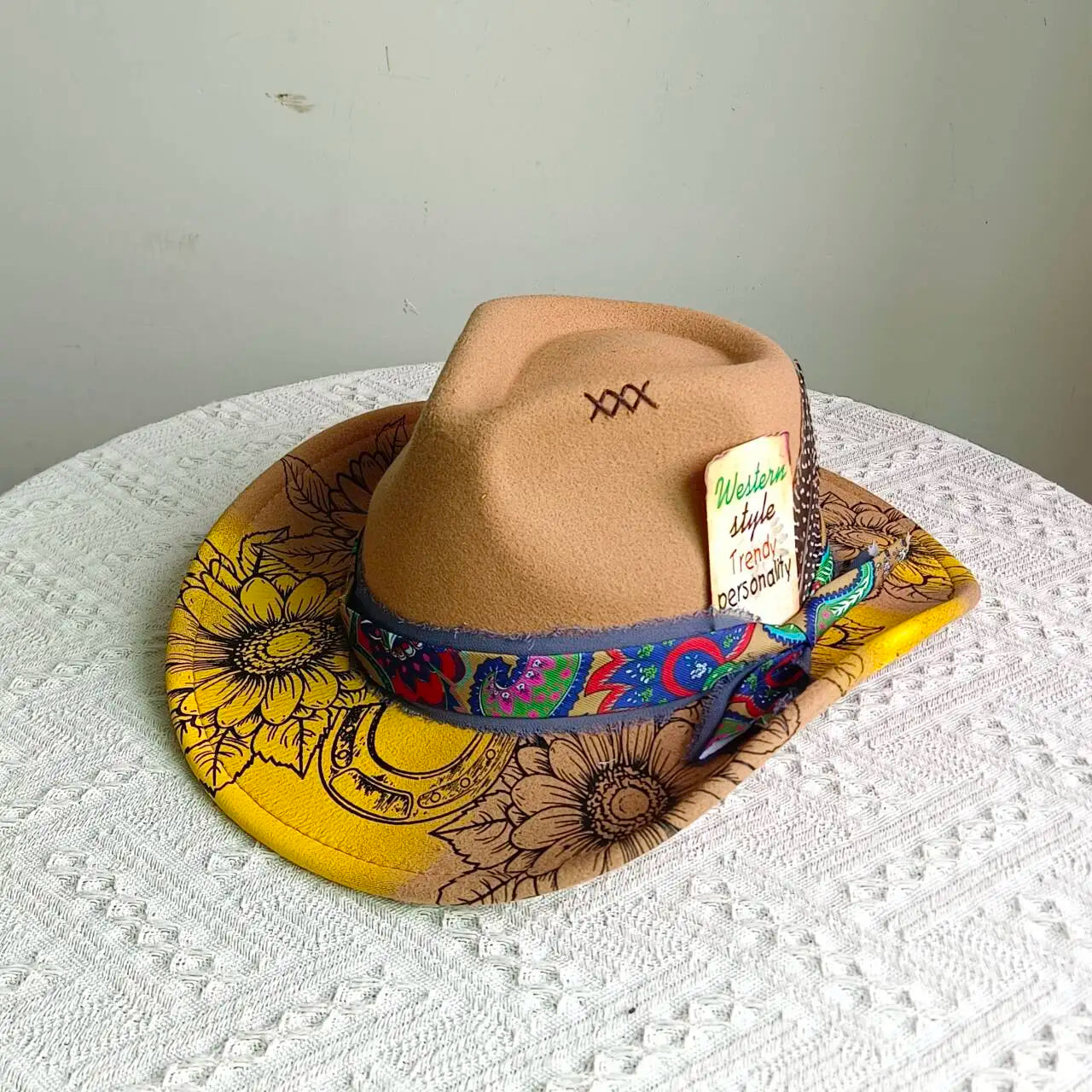 inted Fedora Western Cowboy Hat for Men and Women FloralPainted Jazz Hat Wide Brim Cowboy  Feather Accessories
