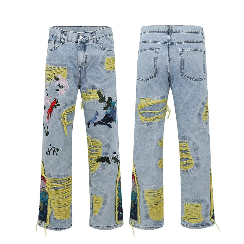 Embroidered Patch Denim Ripped  Streetwear Pleated Tassels Distressed Destroyed