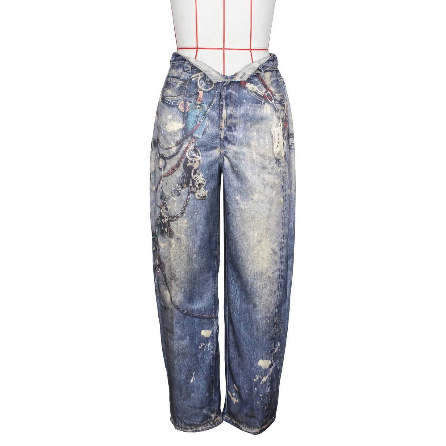 Women Denim Casual Leather Wide Leg Pants Streetwear Lady Loose Straight-Leg Jeans