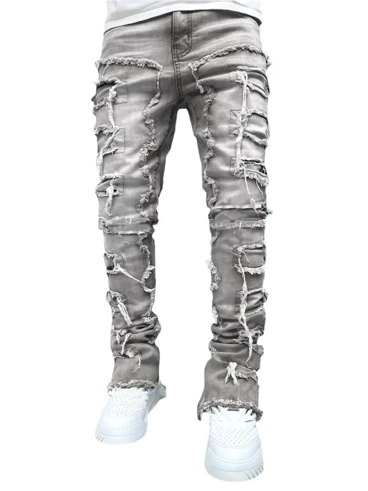 Men Ripped Stacked Jeans Distressed Slim Fit Skinny Straight Leg Jeans Fashion Hip Hop Denim Pants Casual Streetwear