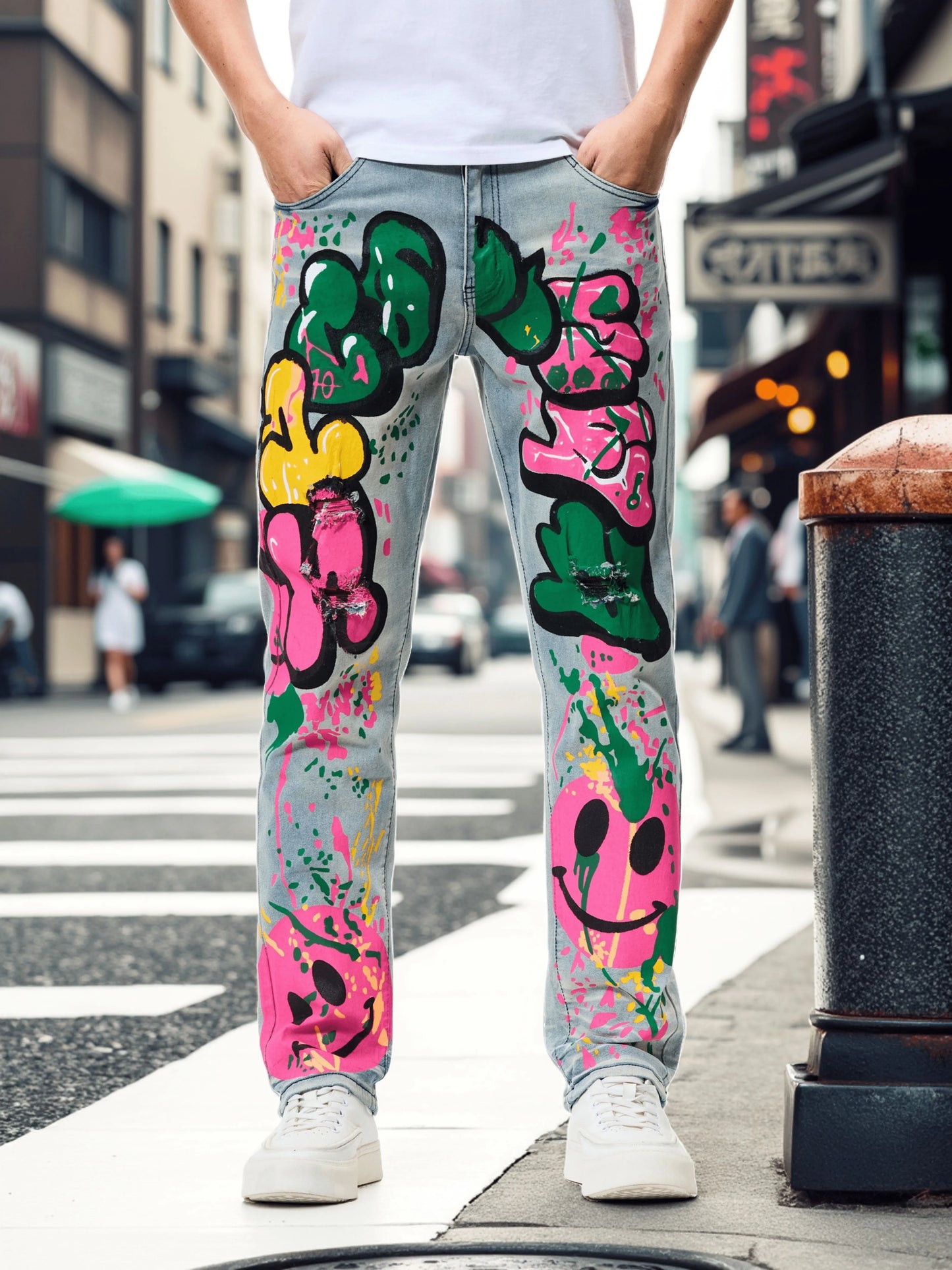 European and American new fashion trend old washed hole printed jeans