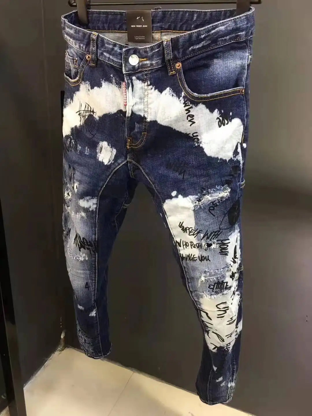 Spring Summer D2 Trendy Men's Distred Patch 3D Cutting fiti Print Slim Elastic Ankle Jeans Casual Busin Casual