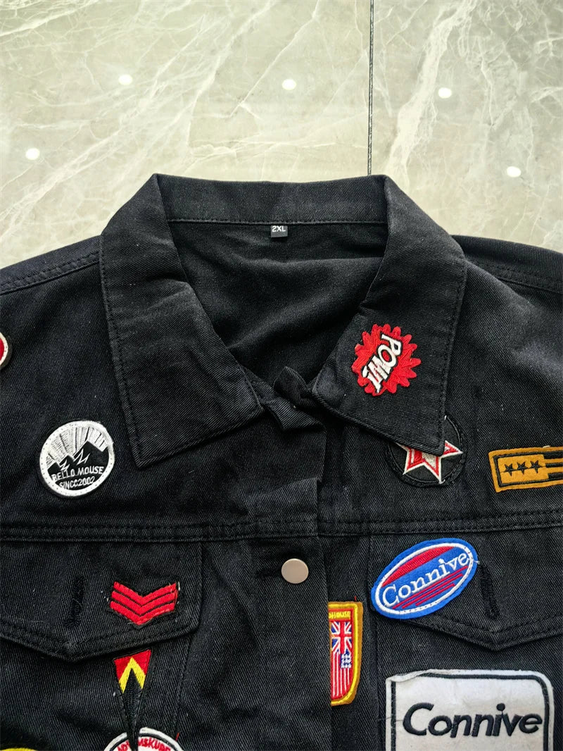 Men's Embroidered Denim Jacket Trendy Slim Fit w Badge Jeans Coat