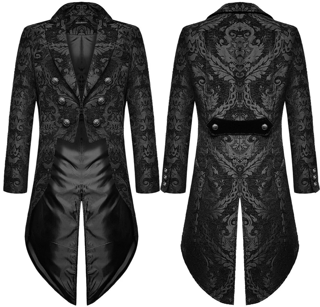 Golden Men's Tailcoat, Black Embroidered Trench Coat,  Long Jacket.