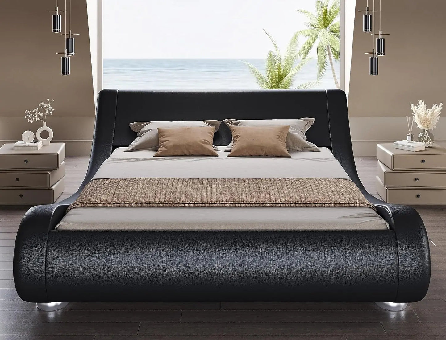 Bed Frame with Faux Leather Ergonomics Headboard, No Box Spring Needed & Easy Assembly