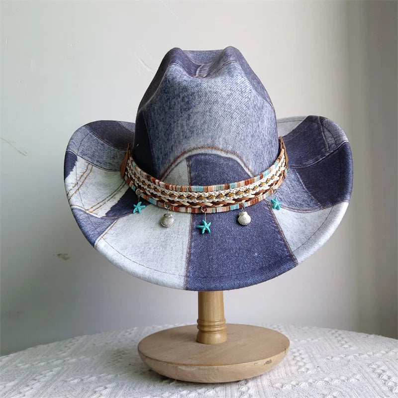 Ethnic Style Cowboy Hat Fashion Chic Unisex Solid Color Jazz Hat With Bull Shaped Decor