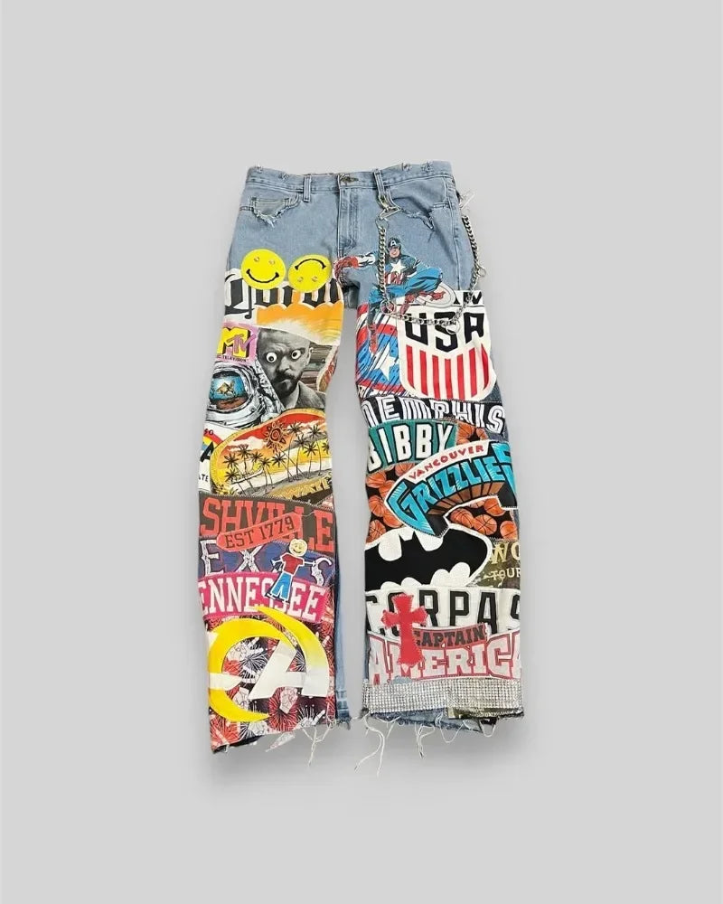 Hip-hop style high-waisted washed cartoon jeans oversized wide-legged pants men rock & women