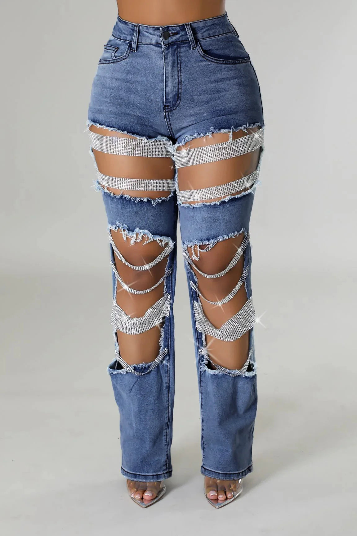 Women's Ripped Denim Pants Pearl Rhinestones Chain Distressed Slim Fit Skinny Jeans Night Club Jeans