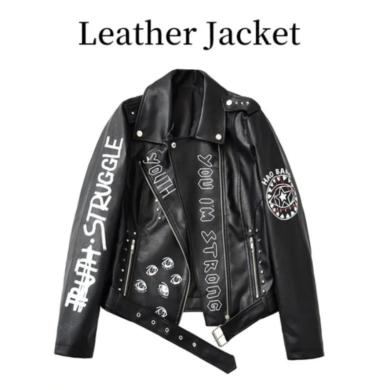 High Street Leather Jacket Women Rivet PU Leather Bomber Jacket Eyelet Print Punk Moto Biker Coat Outerwear Luxury Women Clothes