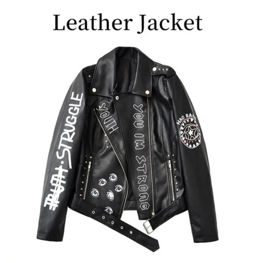 High Street Leather Jacket Women Rivet PU Leather Bomber Jacket Eyelet Print Punk Moto Biker Coat Outerwear Luxury Women Clothes
