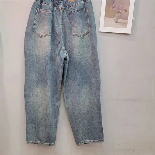 HKSH Spring Summer New Women Ins Chic High Street Three-dimensional Flower Diamonds Jeans Casual Elastic Waist Long Pants
