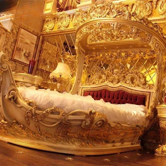 European-Style Wood Carved Double Bed Luxury Boat Style French Fabric Princess Villa Bedroom Furniture Bedroom Set Muebles