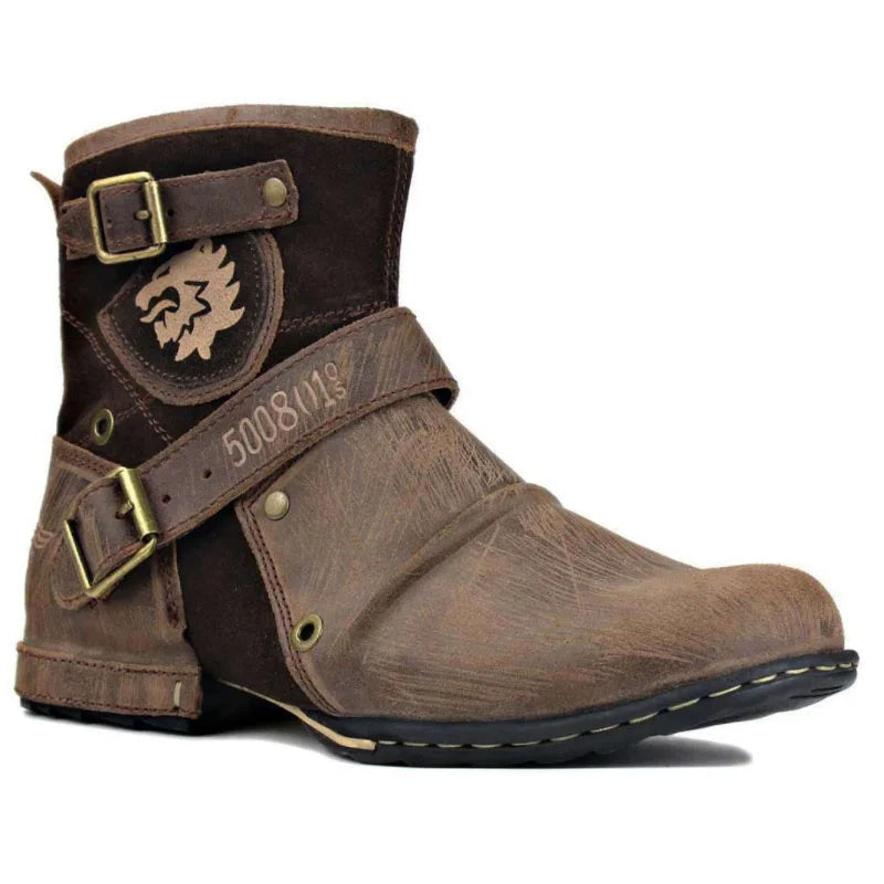 Men's Ankle Boots High Quality Cowboy Boots Men Metal Buckle Side Zipper Motorcycle Boots Gothic Boots Retro Western Boots