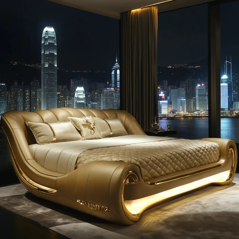 High-end luxury atmospheric leather double multi-function bed