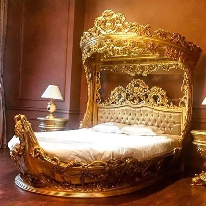 European-Style Wood Carved Double Bed Luxury Boat Style French Fabric Princess Villa Bedroom Furniture Bedroom Set Muebles