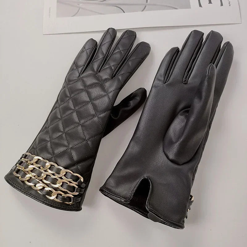 Women Black Chain Thickened Plush PU Leather Gloves