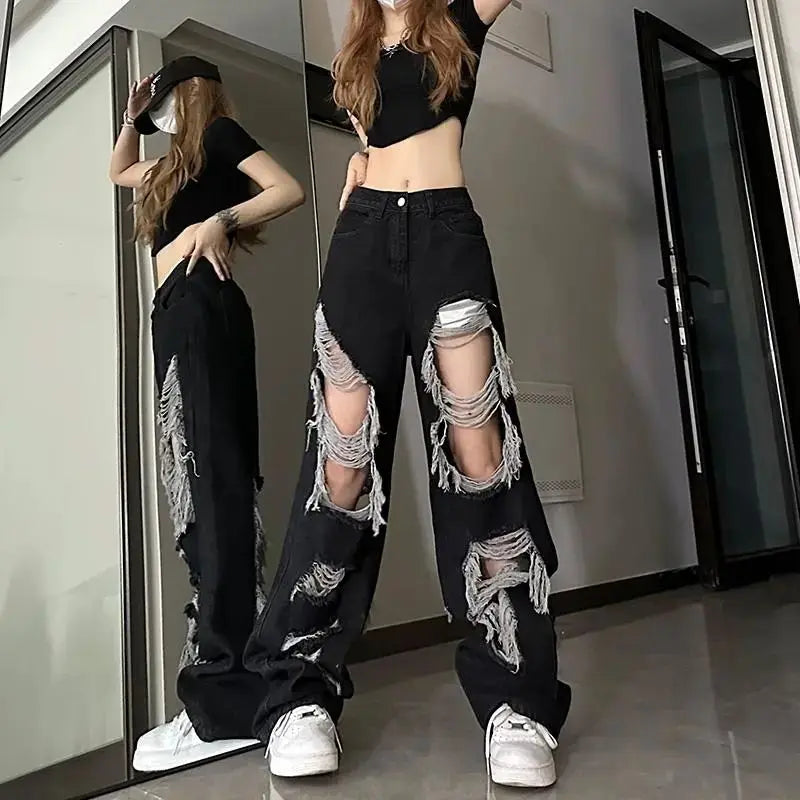 New Front-Rear  Broken Hole Jeans All-Match Distressed Women High Street Hip Hop High Waist Straight Loose Trousers