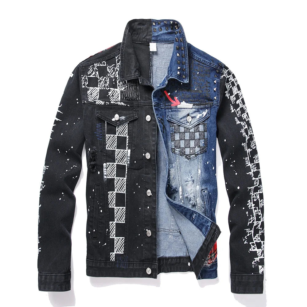 Men Punk Rivet Check Print Denim Jacket Holes Ripped Plaid Patches Patchwork Jean Coat Painted Blue Black Spliced Outerwear