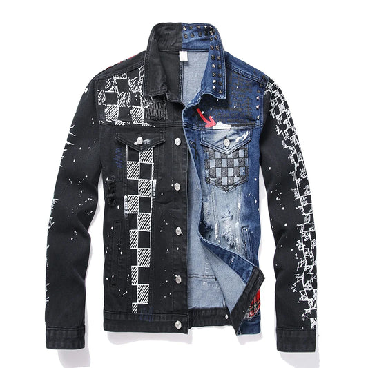 Denim Jacket Holes Ripped Plaid Patches Patchwork Jean Coat Painted Blue Black Spliced Outerwear