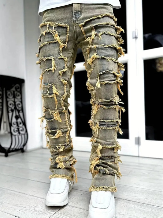 Distressed Men's Jeans Tassels Patchwork Design Vintage Washed Stretch Denim Pants Straight Fashion Streetwear Trousers