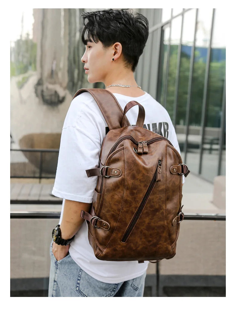 soft PU leather vintage casual backpack for men large capacity travel backpack male laptop shoulder bag waterproof work backpack