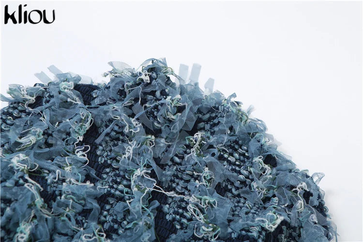 kliou Ruched Patchwork Mini Dress Women Striped Stacked Autumn Full Sleeve Crew Neck Holes Chic Bodycon Female Trend Streetwear