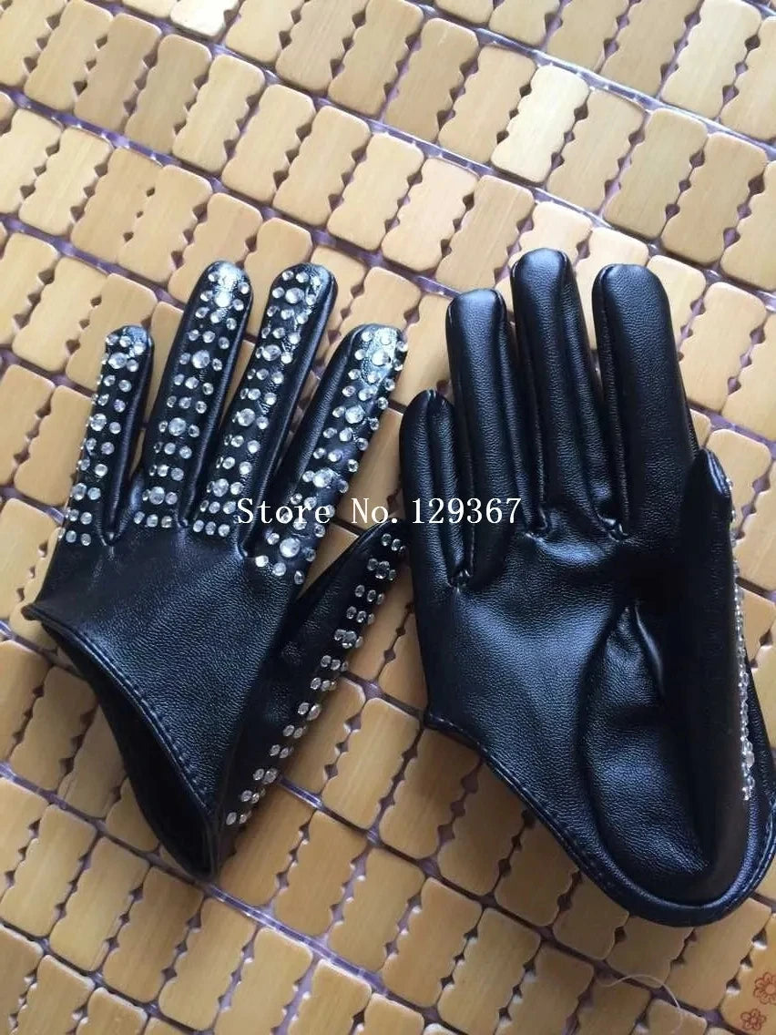 Women's fashion half palm Gloves lady's red white black PU leather gloves men's hip-hop rhinestone diy dancing gloves