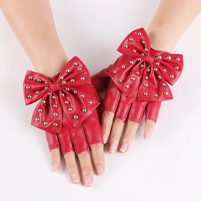 Fashion PU Leather Gloves Big Bow Rivet Sexy Disco Dancing Rock And Roll, Black Punk