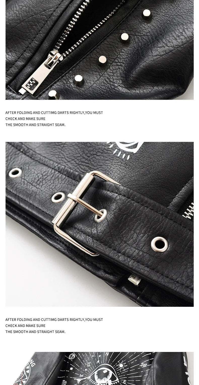 High Street Leather Jacket Women Rivet PU Leather Bomber Jacket Eyelet Print Punk Moto Biker Coat Outerwear Luxury Women Clothes