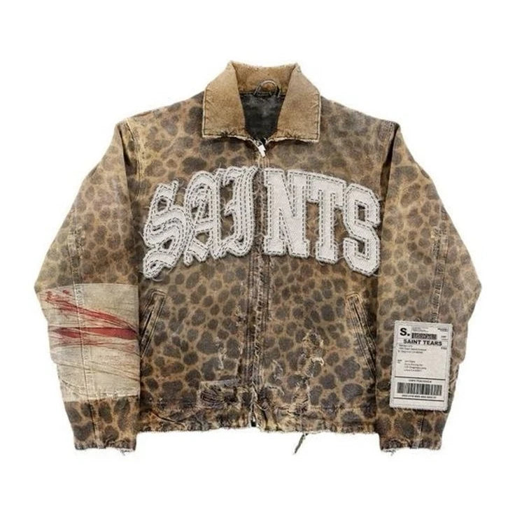 Vintage Camouflage Leopard Print Jackets Saint Coat Men Women Harajuku Hiphop Letter Patch Embroidery Oversized Jacket Casual Coat