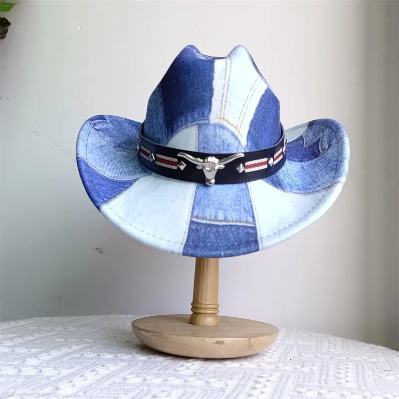 Ethnic Style Cowboy Hat Fashion Chic Unisex Solid Color Jazz Hat With Bull Shaped Decor