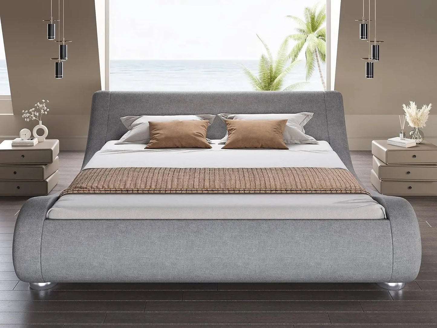 Bed Frame with Faux Leather Ergonomics Headboard, No Box Spring Needed & Easy Assembly